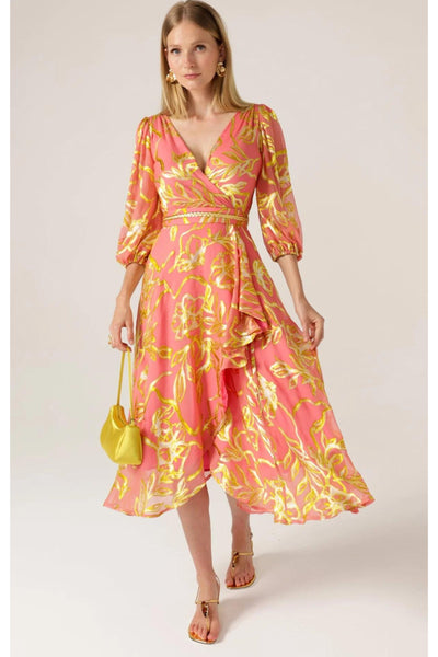 Peach Faced Wrap Dress - Peach Gold Flower