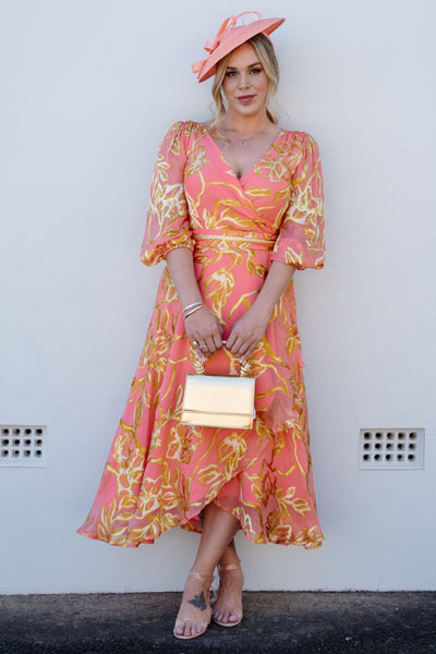 Peach Faced Wrap Dress - Peach Gold Flower