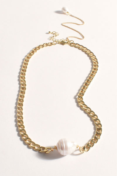 Pearl Centre Flat Short Chain Necklace - Gold