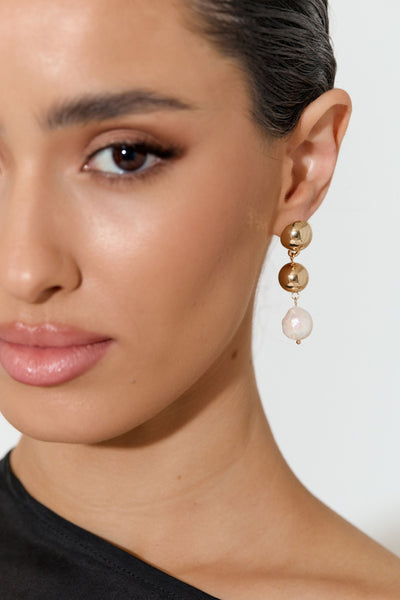 Pearl Drop Metal Ball Event Earrings - Gold