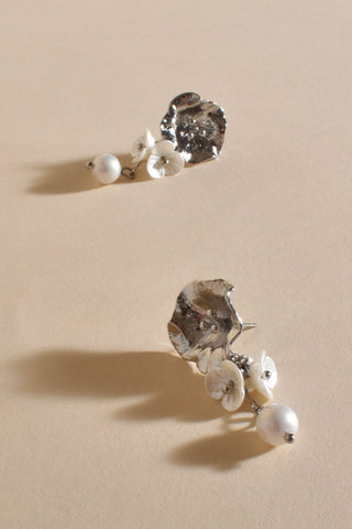 Pearl Floral Drop Earrings - Cream Silver