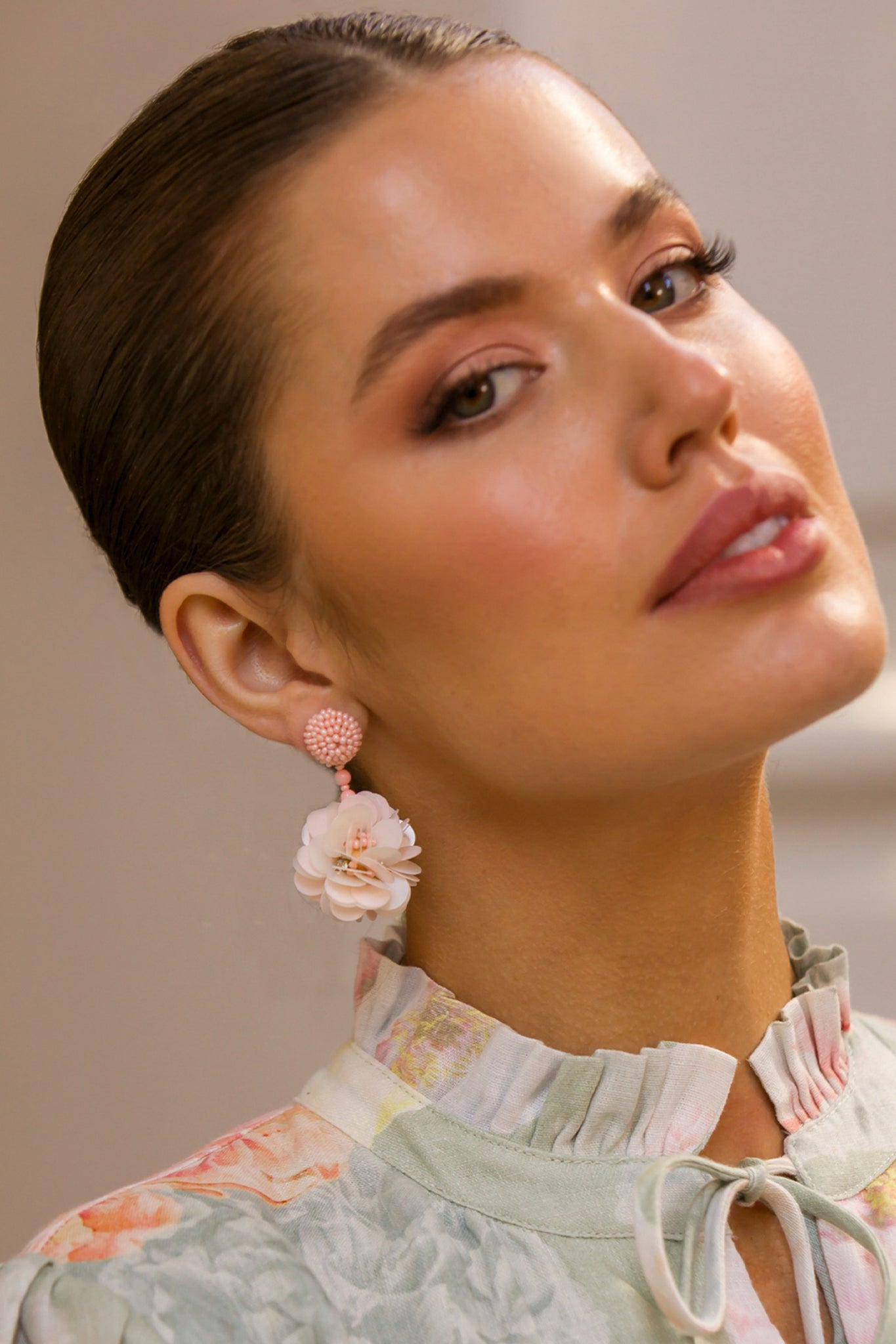 Pretty Peony Sequin Earrings - Cream Pink