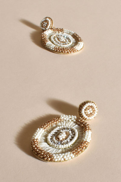 Raffia Bead Mix Button Top Earrings - Cream Gold