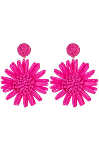 Raffia Flower Earrings - Fuchsia Pink