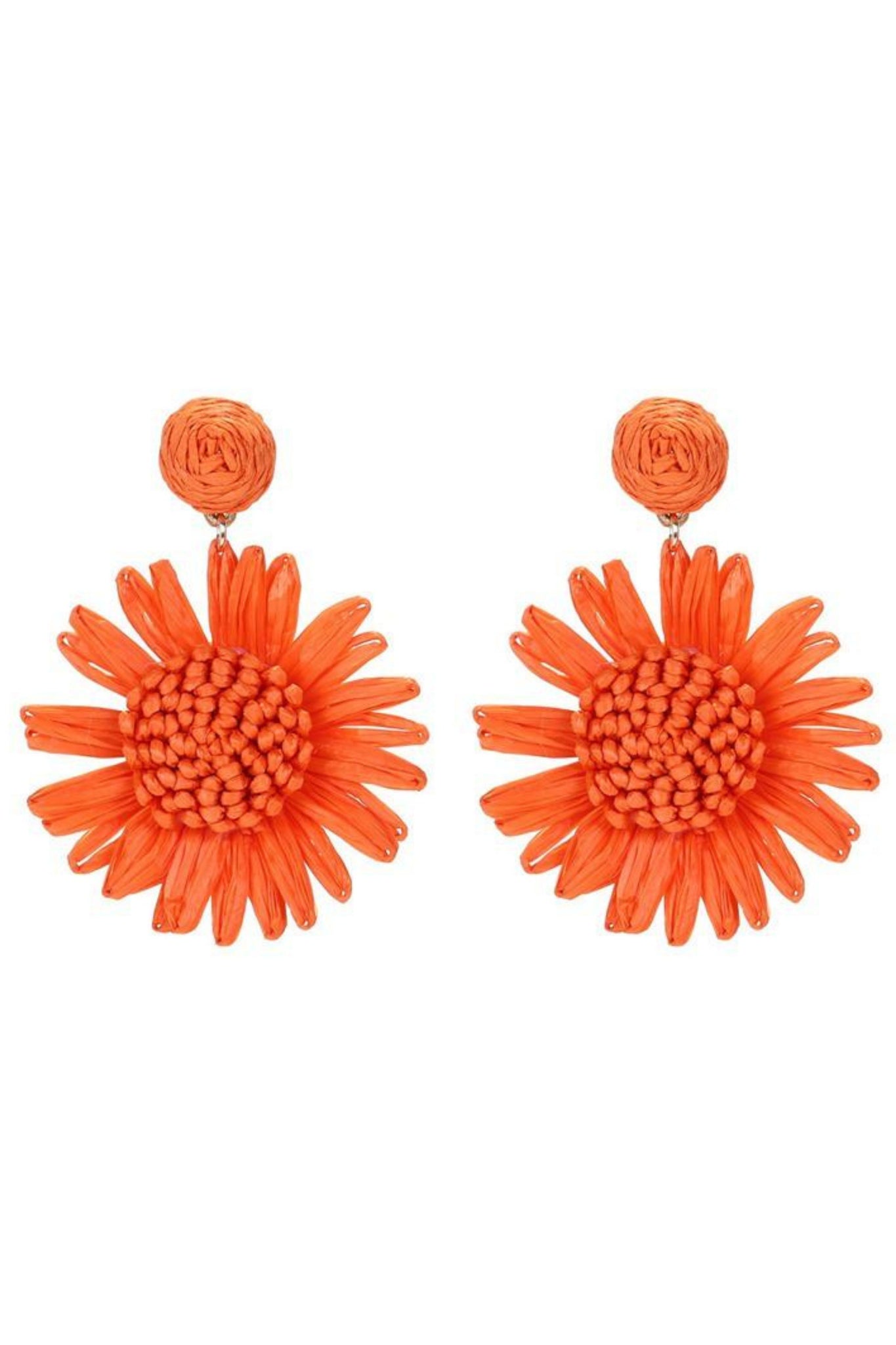 Raffia Flower Earrings - Orange