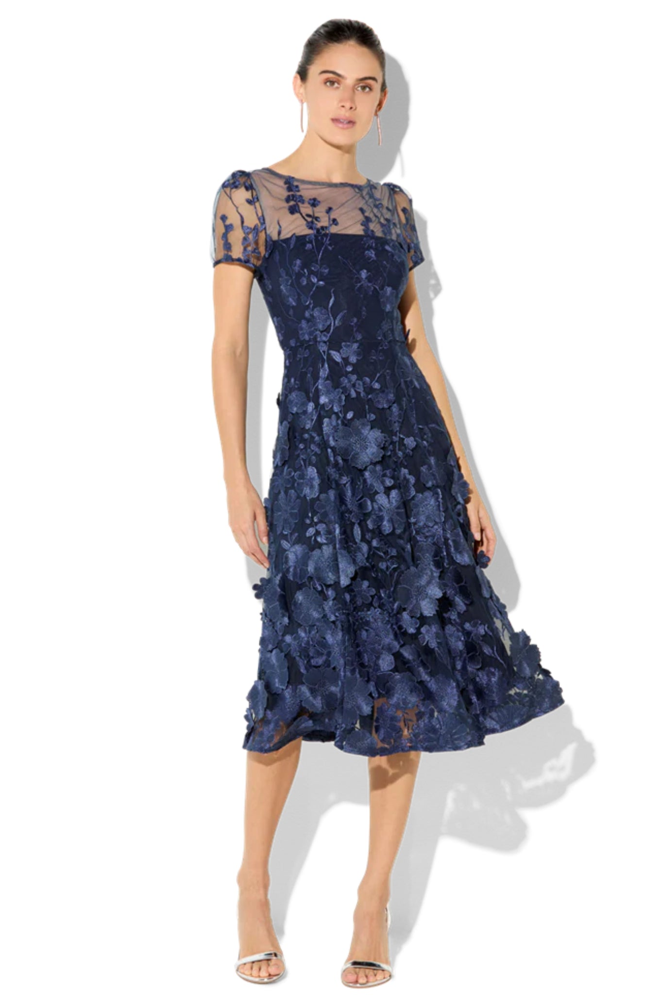 Reece 3D Flower Embroidered Midi Dress - Navy