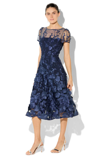 Reece 3D Flower Embroidered Midi Dress - Navy