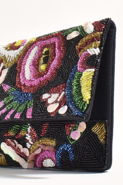 Rio Floral Beaded Statement Clutch - Black Multi