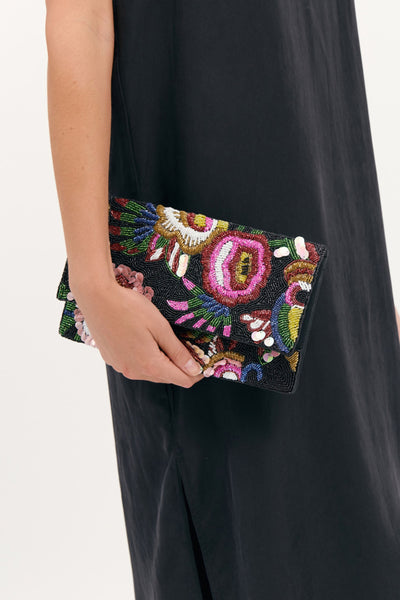 Rio Floral Beaded Statement Clutch - Black Multi