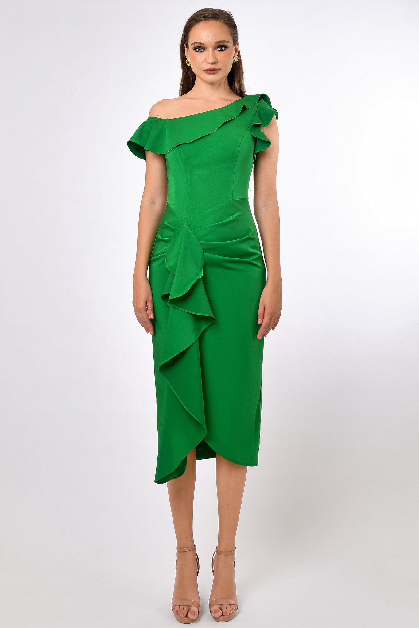 Rosalia One Shoulder Frill Midi Dress - Green SIZE 12 ONLY