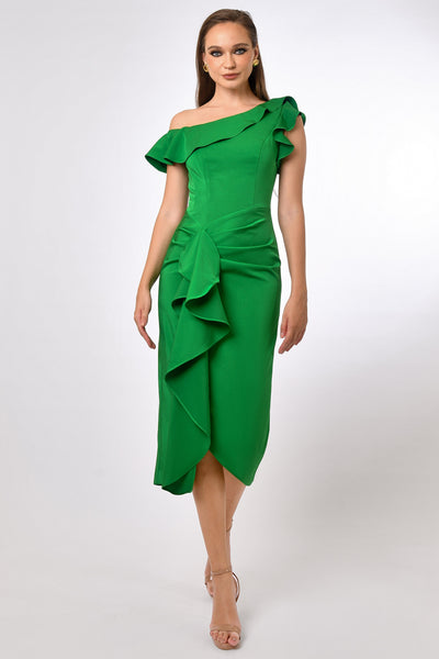 Rosalia One Shoulder Frill Midi Dress - Green SIZE 12 ONLY