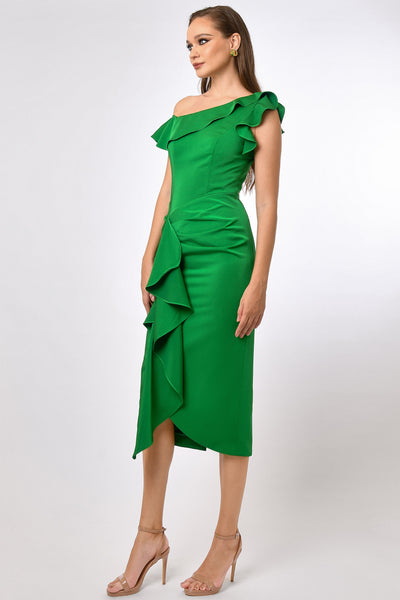 Rosalia One Shoulder Frill Midi Dress - Green SIZE 12 ONLY