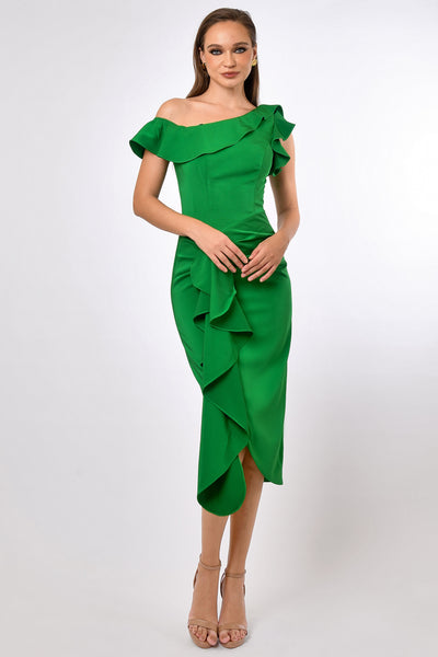 Rosalia One Shoulder Frill Midi Dress - Green SIZE 12 ONLY