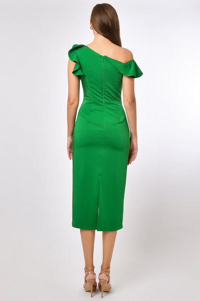 Rosalia One Shoulder Frill Midi Dress - Green SIZE 12 ONLY