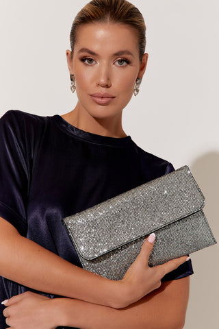 Ruby Rhinestone Fold Over Clutch - Silver