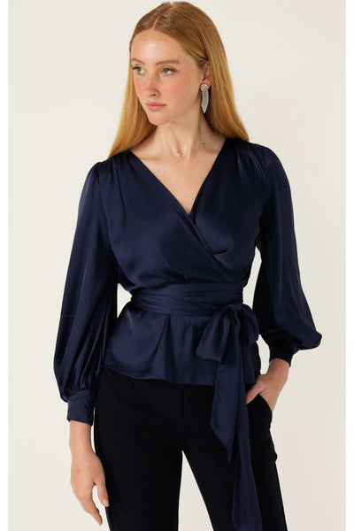 Satin Faux Wrap Top - Navy