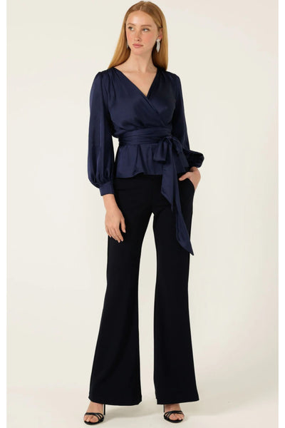 Satin Faux Wrap Top - Navy