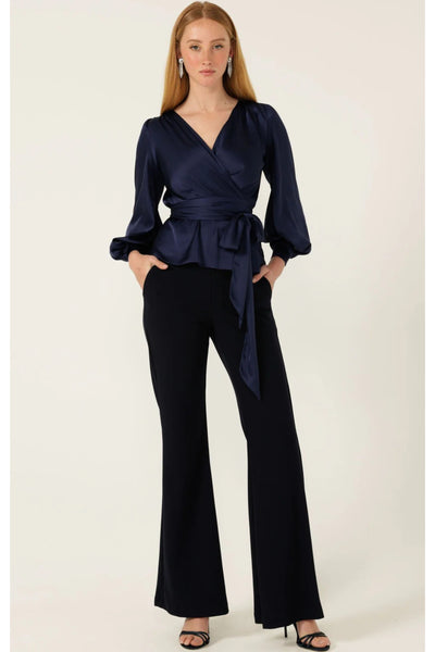 Satin Faux Wrap Top - Navy