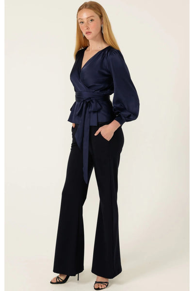 Satin Faux Wrap Top - Navy