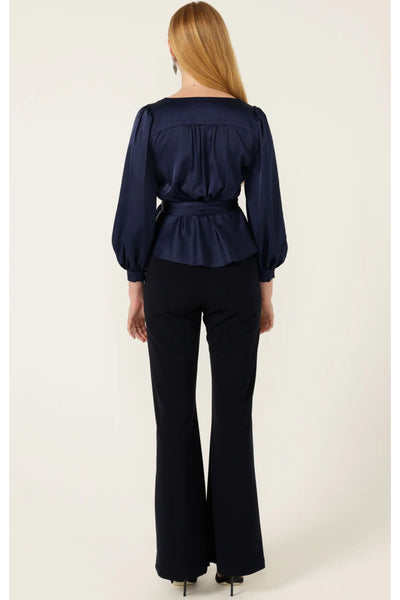 Satin Faux Wrap Top - Navy