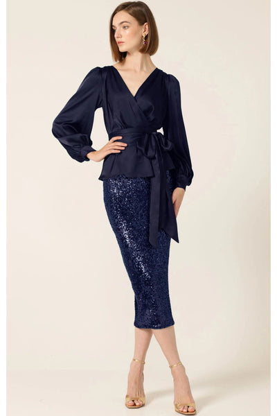 Satin Faux Wrap Top - Navy