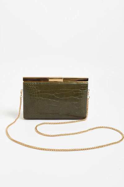 Savina Croc Structured Clutch - Khaki