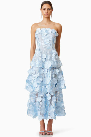 Selene Strapless 3D Flower Tiered Maxi Dress - Blue