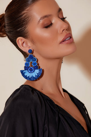 Sequin Fringe Statement Earrings - Blue