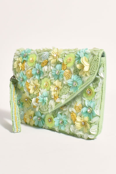 Sequin Floral Fold Over Clutch - Mint Multi