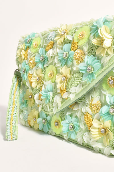Sequin Floral Fold Over Clutch - Mint Multi