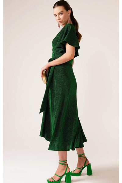 Stargaze Wrap Midi Dress - Emerald Lurex