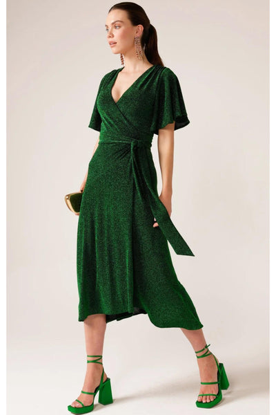 Stargaze Wrap Midi Dress - Emerald Lurex