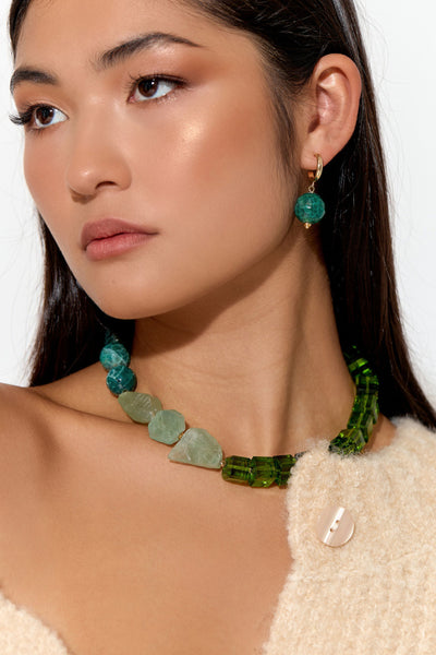 Stone Drop Mini Hoops - Gold Green