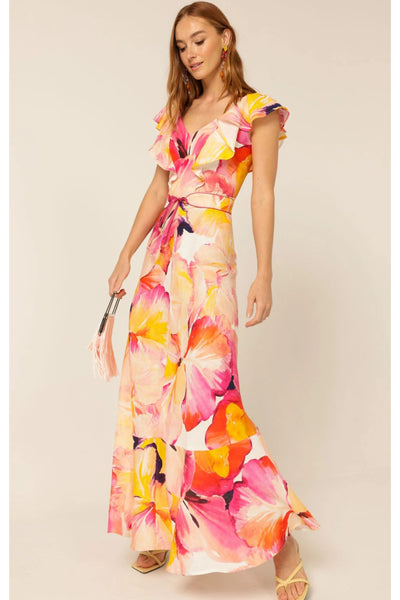 Summer Fiesta Maxi Dress - Pink Orange Hibiscus