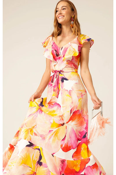 Summer Fiesta Maxi Dress - Pink Orange Hibiscus
