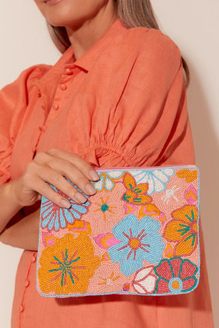 Summer Fun Beaded Zip Top Clutch - Pink Multi