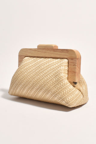 Tessa Diagonal Weave Timber Frame Clutch - Natural