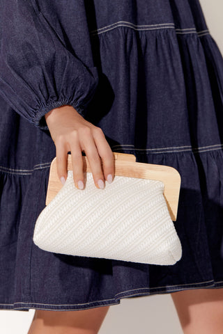 Tessa Diagonal Weave Timber Frame Clutch - White