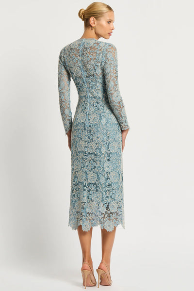 Tiffany V-Neck Lace Midi Dress - Light Blue Ivory