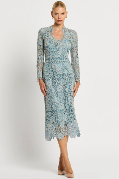 Tiffany V-Neck Lace Midi Dress - Light Blue Ivory