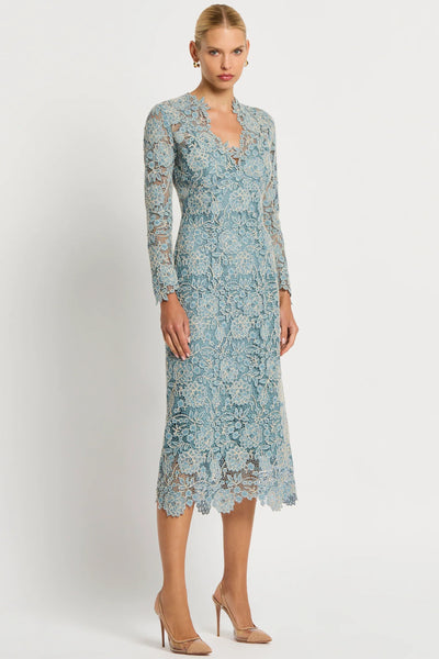 Tiffany V-Neck Lace Midi Dress - Light Blue Ivory