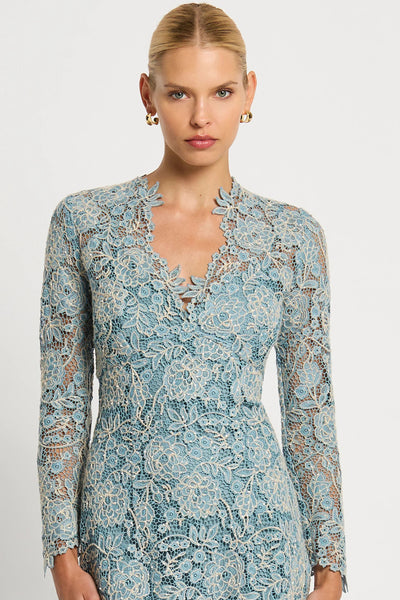 Tiffany V-Neck Lace Midi Dress - Light Blue Ivory