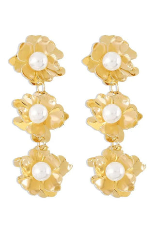 Trio Flowers Pearl Drop Earrings - Gold