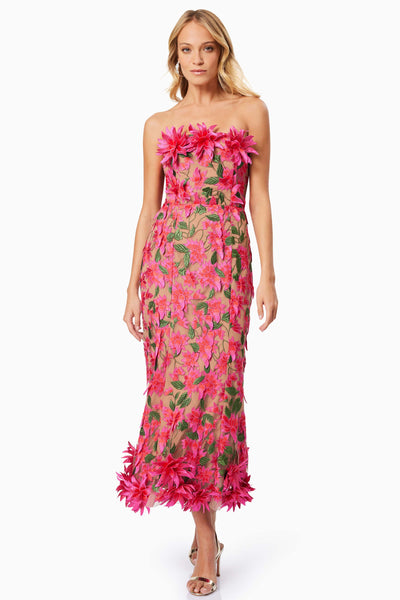 Valentina 3D Flower Midi Dress - Fuchsia Pink