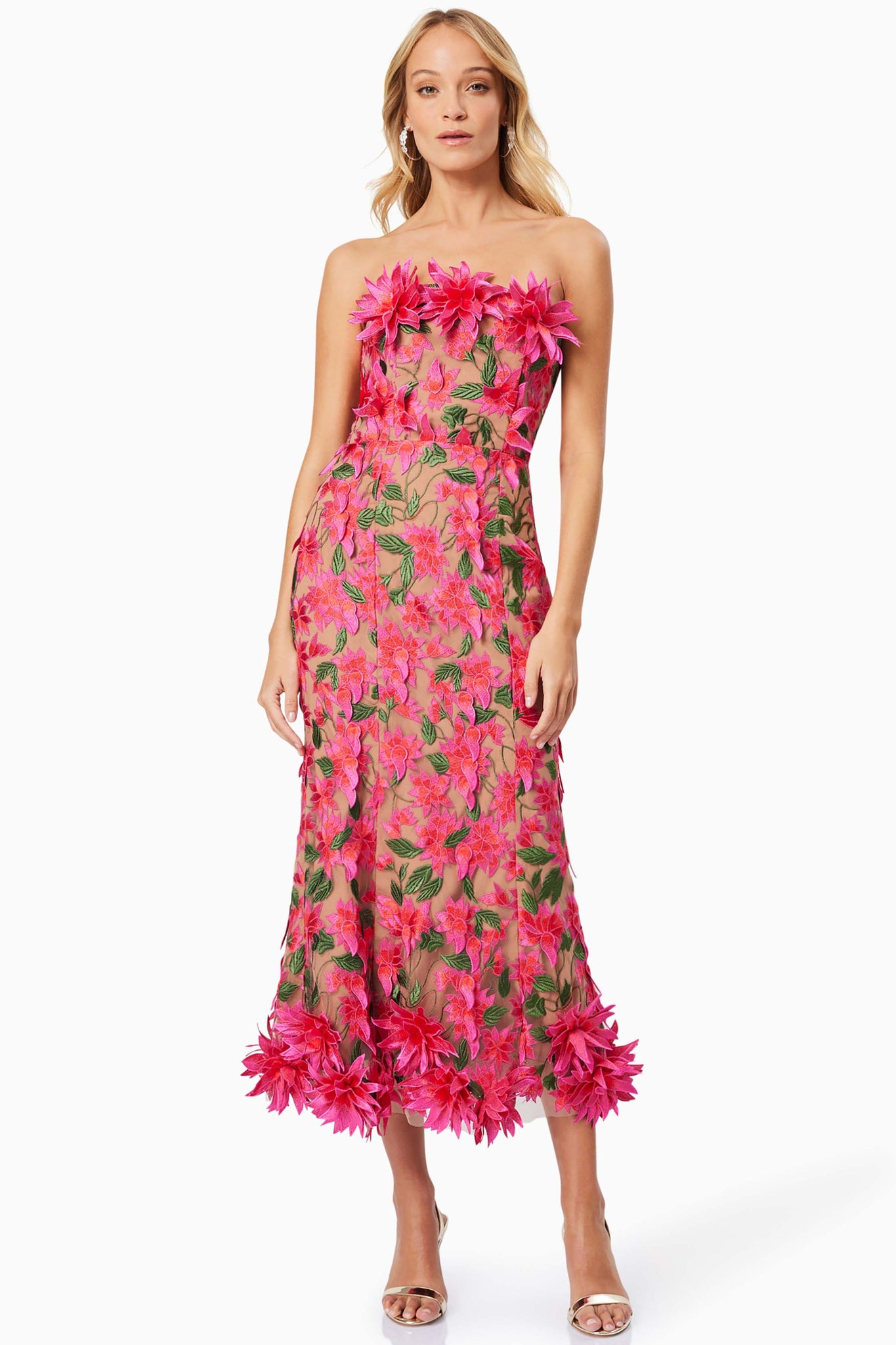 Valentina 3D Flower Midi Dress - Fuchsia Pink