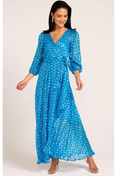 We Float Silk Wrap Maxi Dress - Sky Blue Poppy