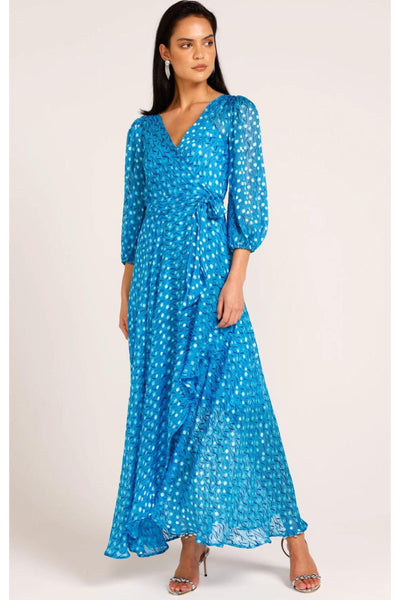 We Float Silk Wrap Maxi Dress - Sky Blue Poppy