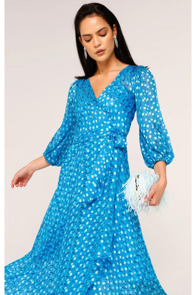 We Float Silk Midi Wrap Dress - Sky Blue Poppy