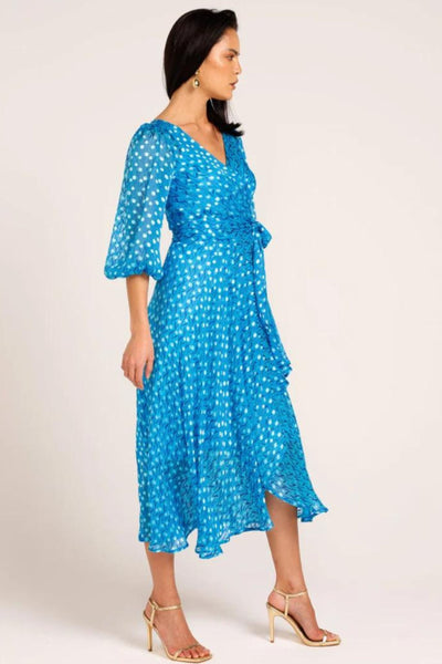 We Float Silk Midi Wrap Dress - Sky Blue Poppy