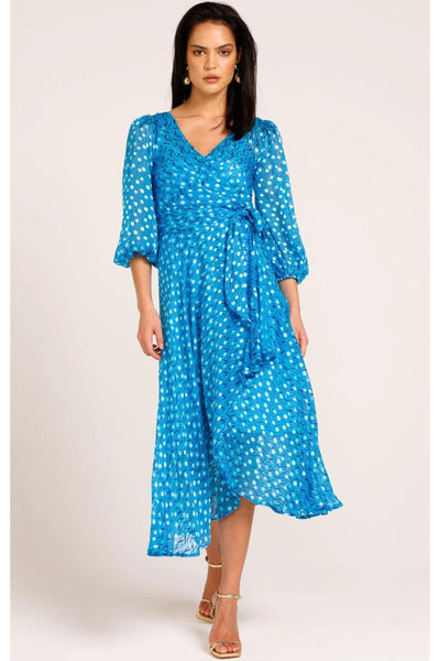 We Float Silk Midi Wrap Dress - Sky Blue Poppy